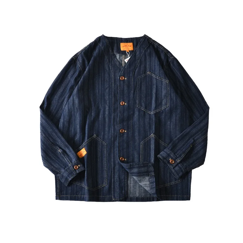 

Американская ретро стираная джинсовая куртка из 100% хлопка с вертикальной полоской и v-образным вырезом для мужчин, свободная повседневная рабочая одежда, пальто для осени для мужчин