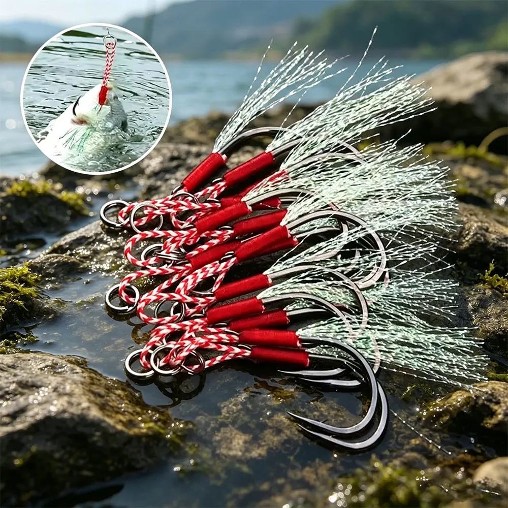 40pcsfeather-slow-rocking-iron-plate-fish-hook-sea-fishing-boat-long-tied-fur-single-hook-fish-hook