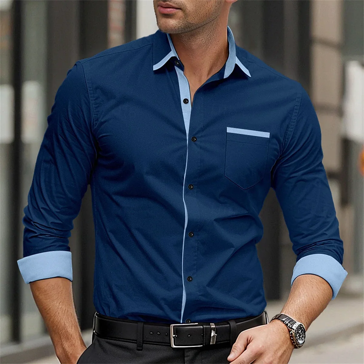 Men's dark contrast solid color trim design shirt men's lapel long sleeve business formally wear casual outdoor vacation outdoor