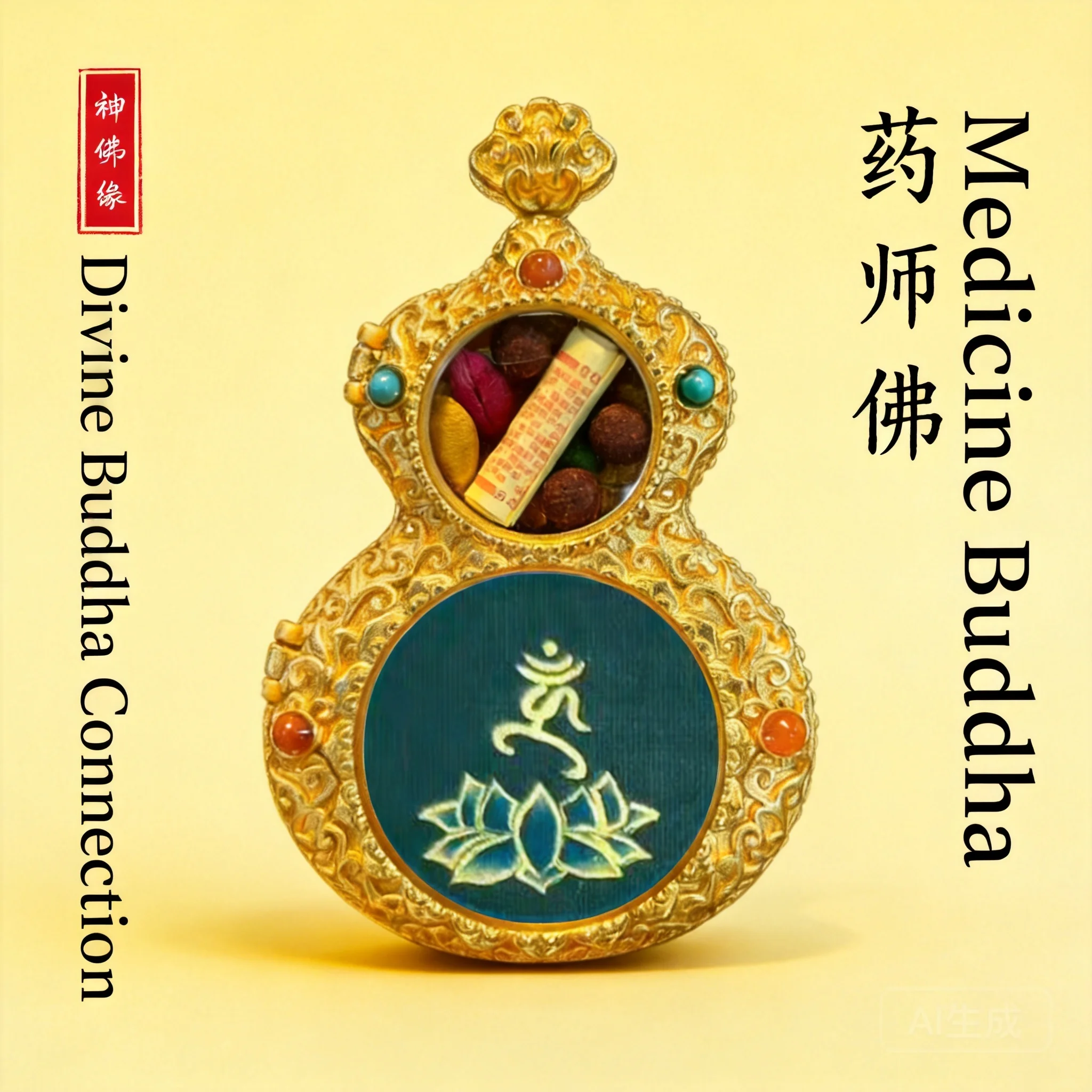 Chinese Traditional Golden Carved Gourd Shape Hand Painted Medicine Buddha Seed Character Thangka Gawu Box Pendant Inlaid Colore