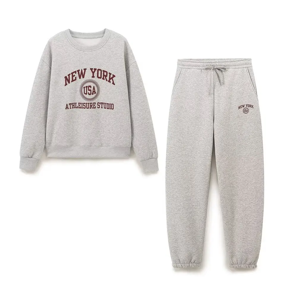 New York Letter Print Pullover Top And Drawstring Sweatpants Two Piece Set 2024 New Gray Sweatshirt Trouser Sporty Female Outfit