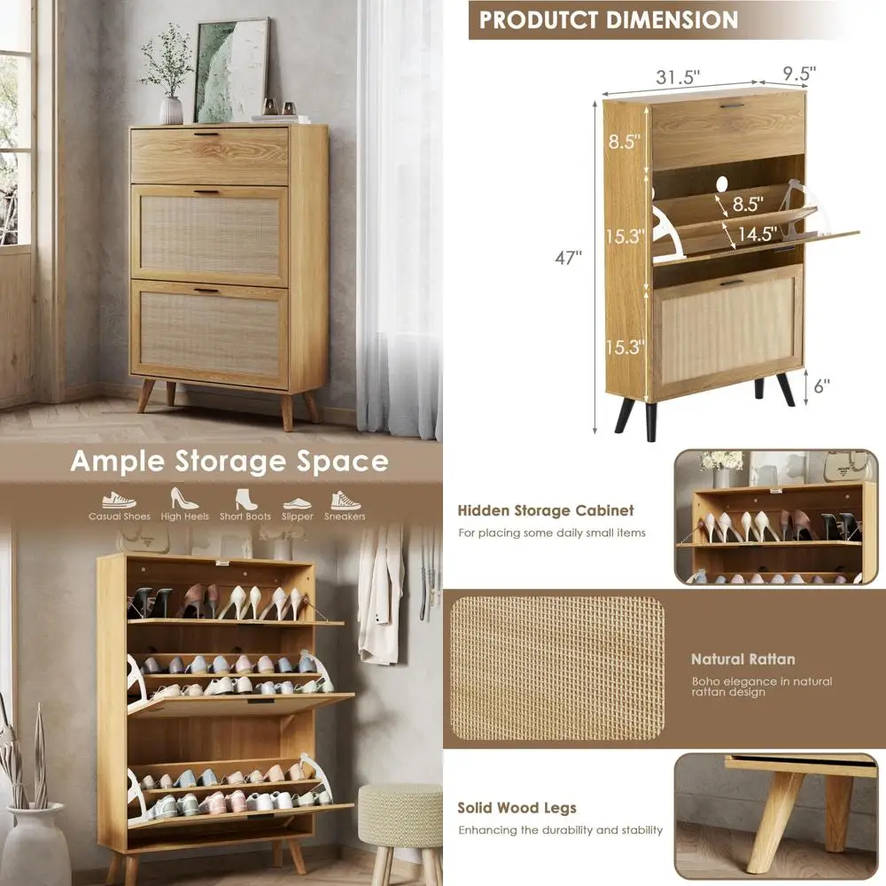 

Шкаф для обуви из ротанга в стиле бохо с откидными ящиками и скрытым хранилищем для прихожей, органайзер для обуви из натурального дерева