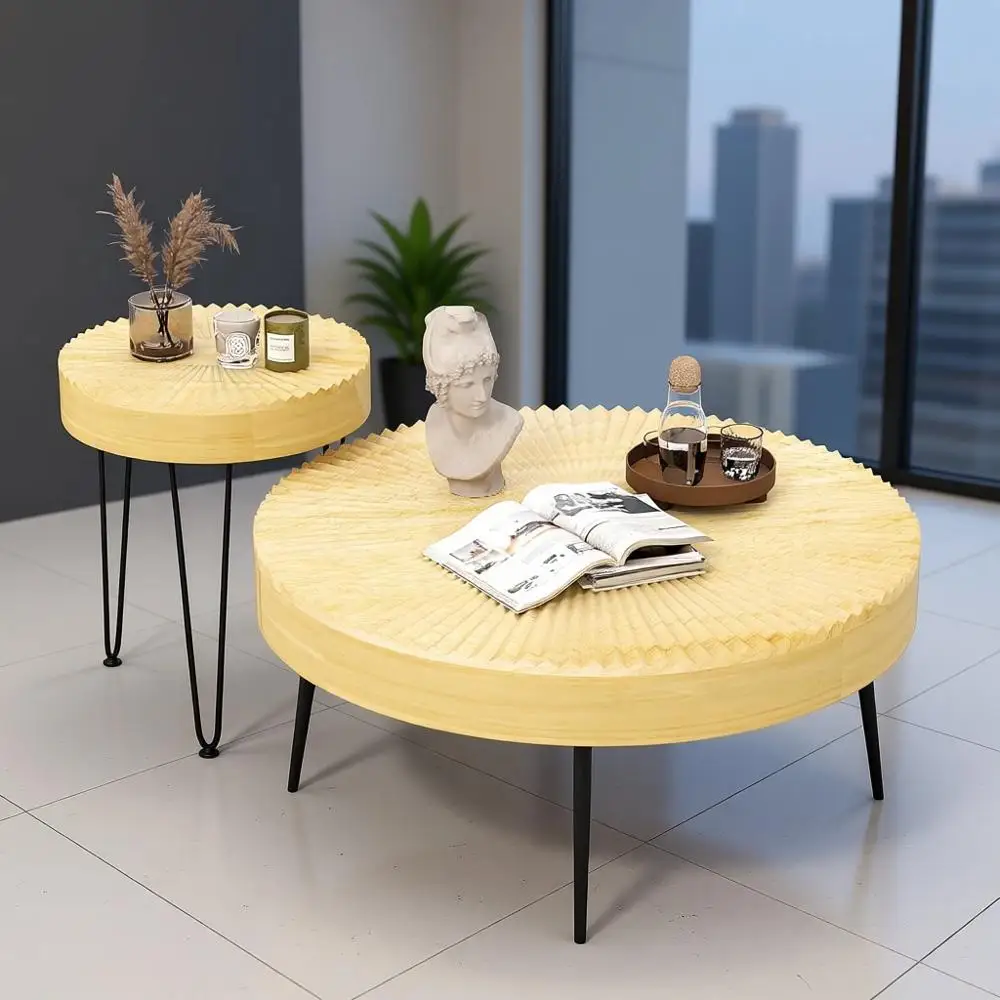 

armhouse Round Coee Table Set o 2, Rustic Soa Side Tea Tables w/Wood inish, Metal e, Adjustable oot Pads, Nesting End Table Set