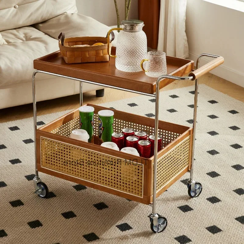 Mobile Rattan & Storage Chrome Rolling Wheels, Bar Cart, Modern Mid-Century Serving Cart Trolley with for Kitchen & Living Room