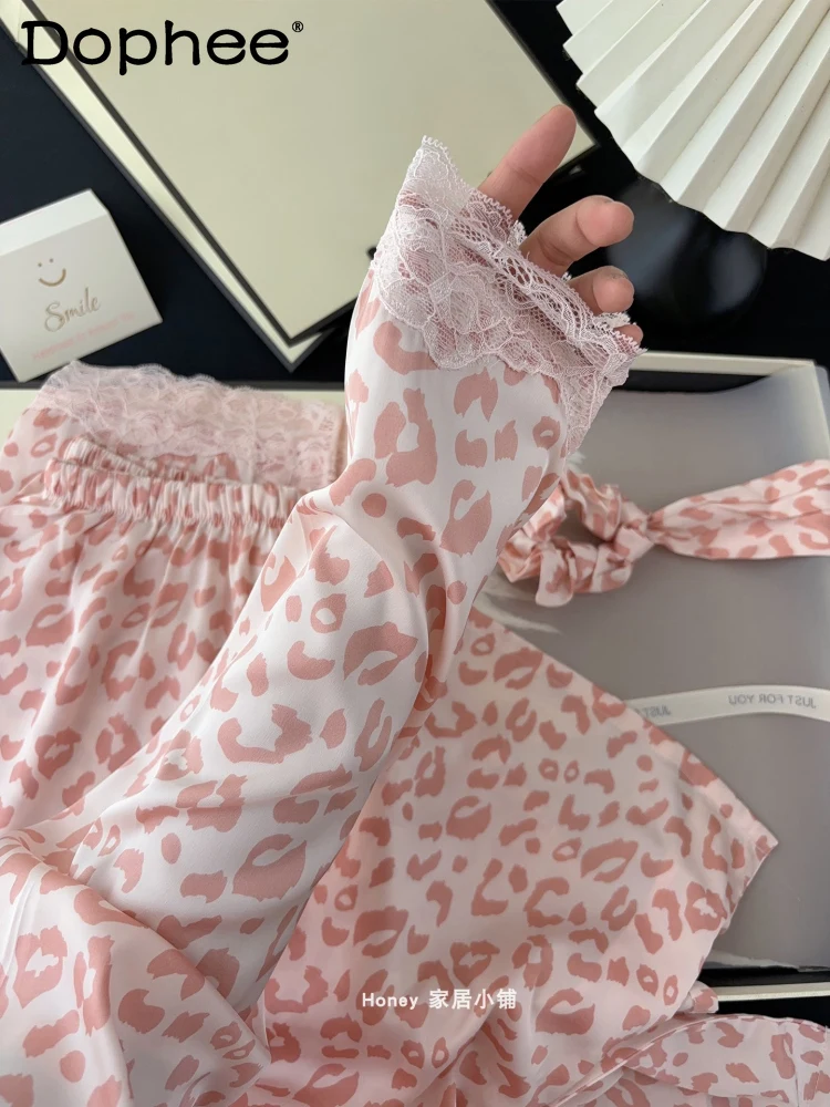

Summer New Pink Leopard Print Ice Silk Pajamas Lace Casual Skin-friendly Breathable Long-sleeved Trousers Loungewear