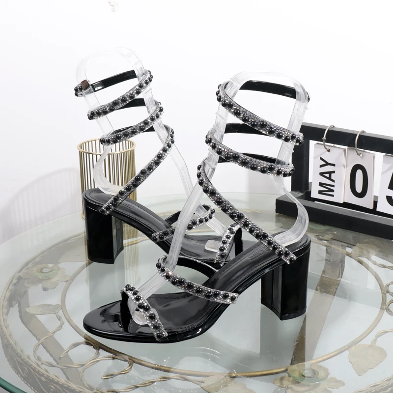 

Spring strap Roman sandals 2025 summer round headed thick heel high heeled rolled pearls single plus size luxury women shoes