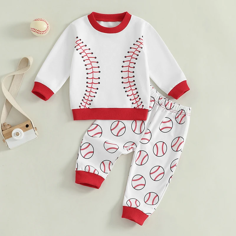 Infant 2-Piece Spring Ensemble with Long-Sleeve Pullover and Baseball-Printed Trousers - Adorable Toddler Apparel Set