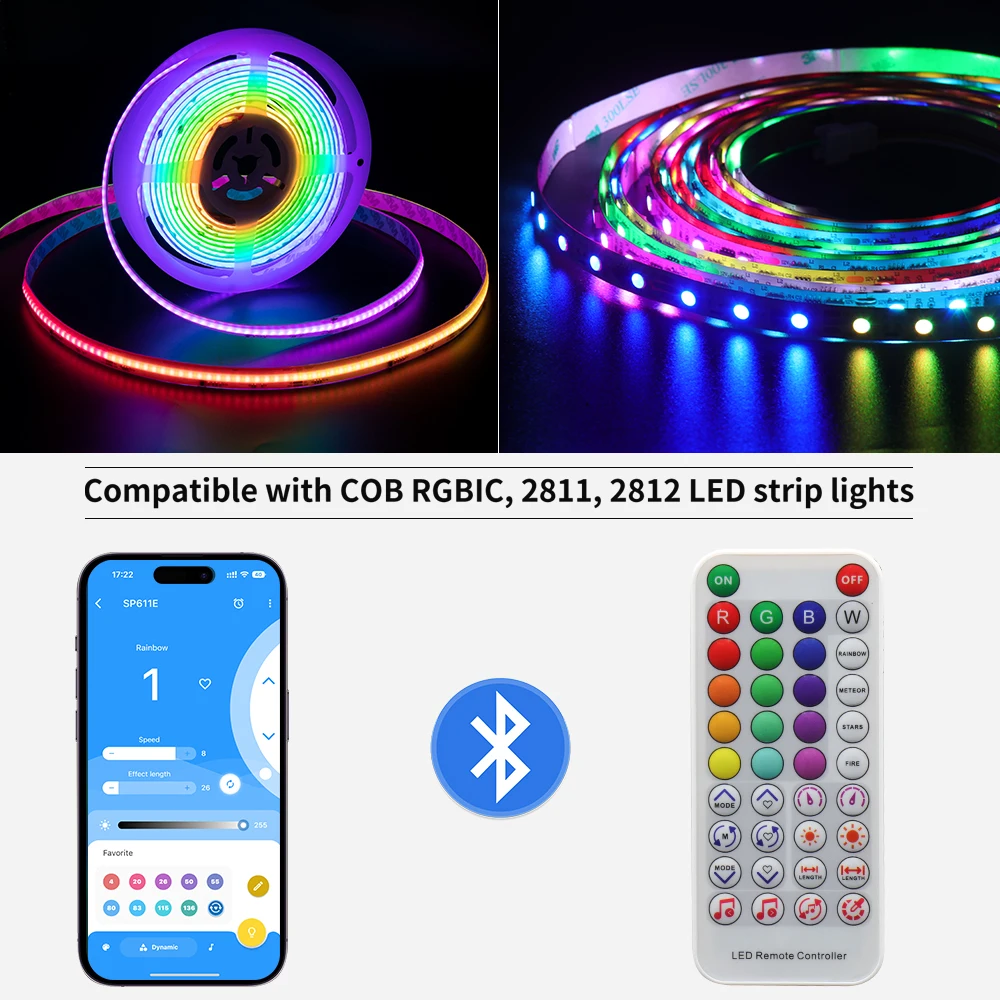 Gingsow-tira de luces LED RGBIC con control remoto por Bluetooth, cinta de luz de fondo Flexible que cambia de Color, diodo IR38 teclas SP611E