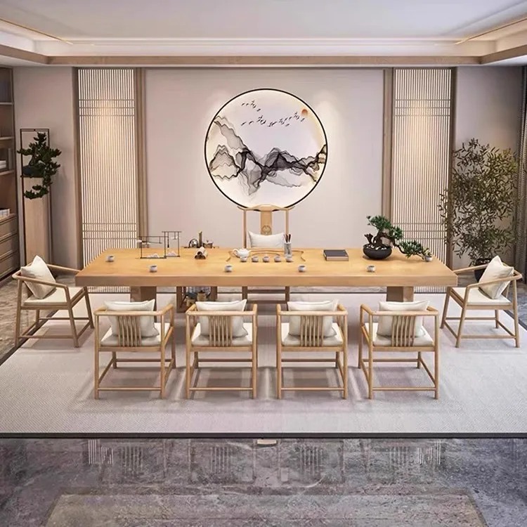 Large board solid wood tea table Office tea room Kung Fu tea meeting guest  table and chair combination