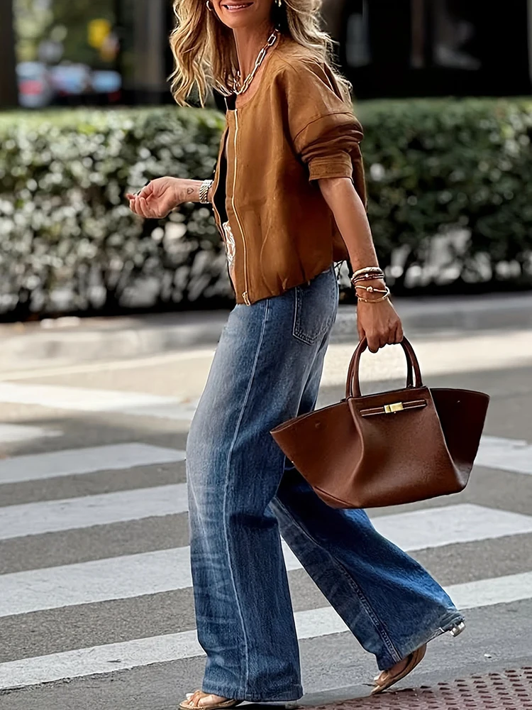 

Fashion Casual Zipper Women's Commute Coat Autumn Winter New Solid Color Loose Outerwear Temperament O-neck Long Sleeve Jacket