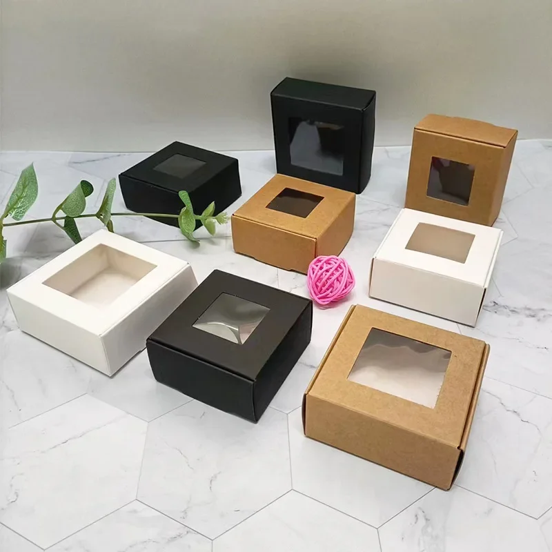 

50/100pcs Kraft Paper Box with Clear PVC Window Soap Boxes Packaging Gift Box Wedding Favors Candy Boxes Packaging Wholesale