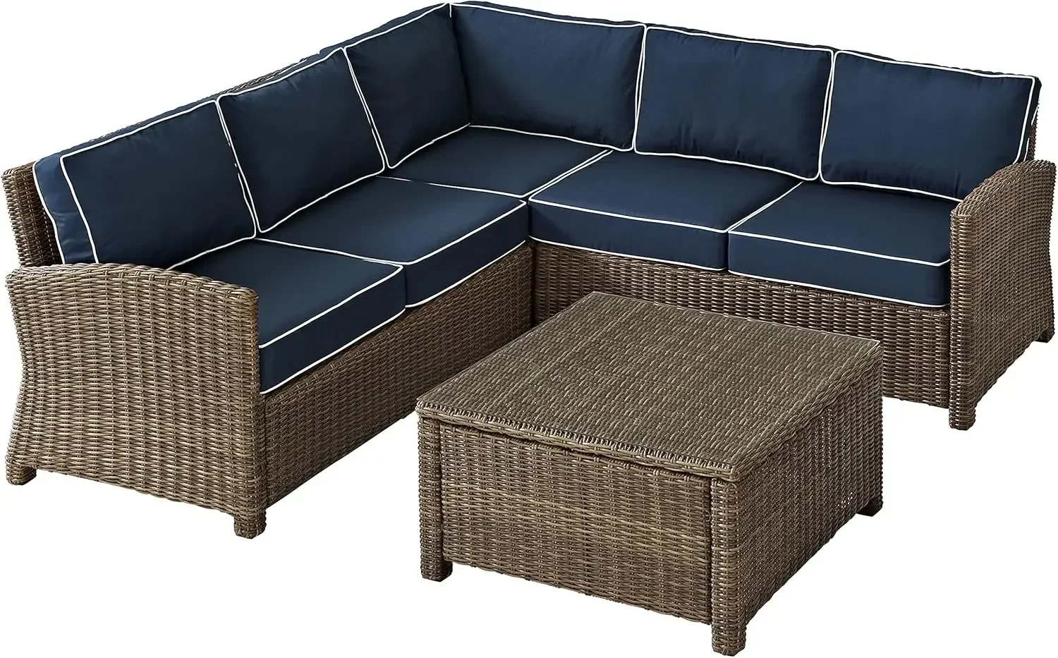 KO70019WB-NV Bradenton Outdoor Wicker 4-Piece Sectional Set (2 Loveseats, Corner Chair, Coffee Table), Brown with Navy Cushions