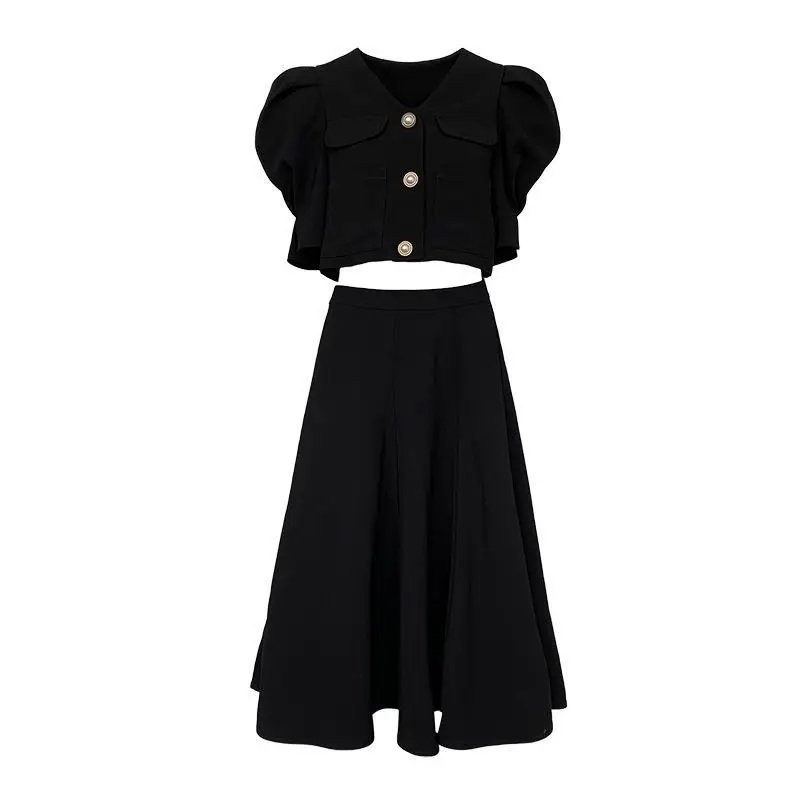 Summer Elegant Black Two Piece Dress Sets Retro Womens Outifits Puff Sleeve Crop Top+A Line Skirts Korean Fashion Hepburn Suit