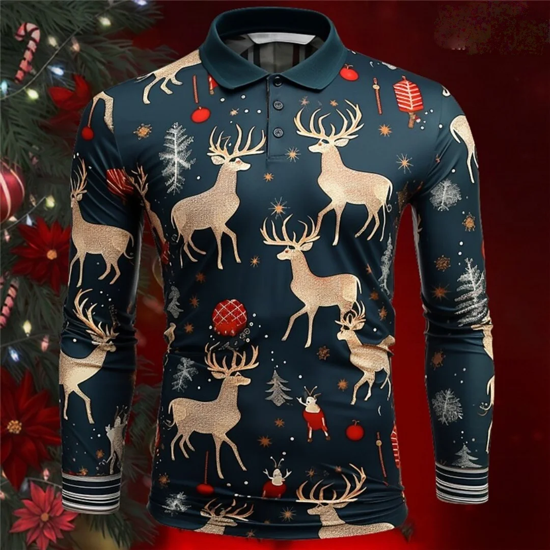 

Модная рубашка поло с 3D принтом и рождественским узором на осень и зиму, повседневная мужская рубашка поло с длинным рукавом, уличный удобный топ