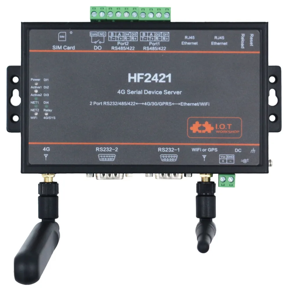 Dual Port Serial Device Server HF2421 RS232/485/422 to Ethernet Wifi 4G 3G GPRS Network Converter DTU Full Netcom GPS modbus