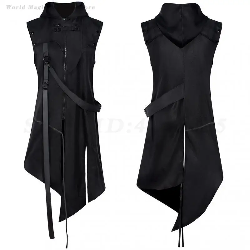 

Gothic Style Vintage Hooded Sweatshirts Men Black Hip Hop Trench Coat Halloween Cosplay Pirate Costume Sleeveless Jacket