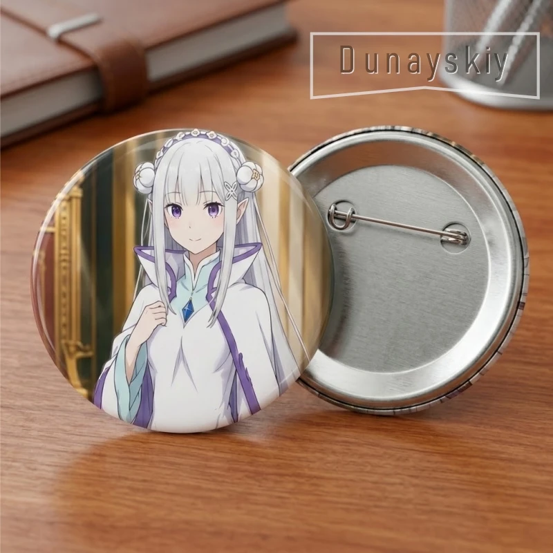 RE0 Emilia Badge 58mm Knight Coronation Gown Round Tin Badge Metal Lapel Pin Badge HD Printing Cosplay Halloween Anime Fans Cos