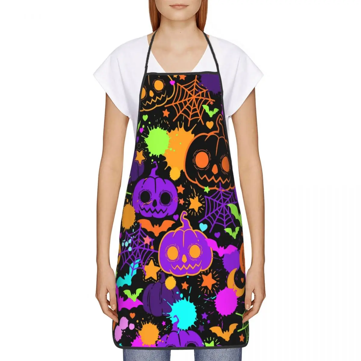 Custom Bib Halloween Pumpkins Spider And Bats Apron Men Women Unisex Adult Chef Cooking Kitchen Tablier Cuisine Gardening