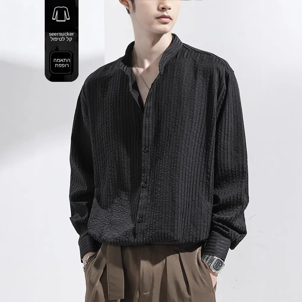 Antiwrinkle Seersucker Shirt Men's Black Texture Long SV Cleanfit Style Nine Sleeve PU Leather Citywalk Suitable