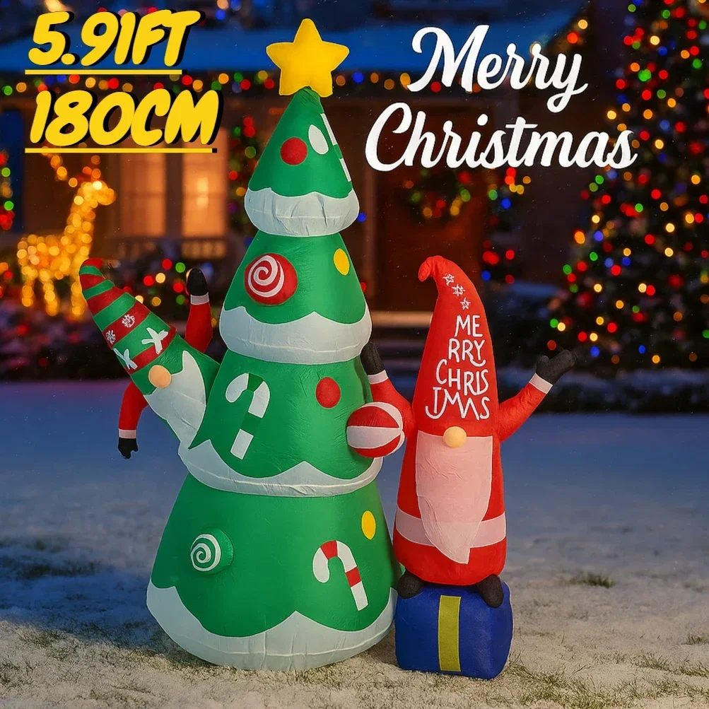 Juguete inflable de Navidad de 5,91 pies, Gnomo de árbol de Navidad con decoración de luz LED para patio, césped, fiesta en casa, suministros de Navidad, adornos, regalos