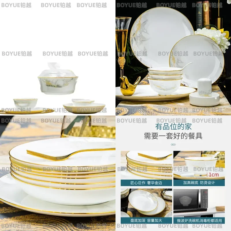 Luxury Jingdezhen Bone China Dinnerware Set Ceramic Plates Bowls Chopsticks Elegant Tableware for Home Dining Gift