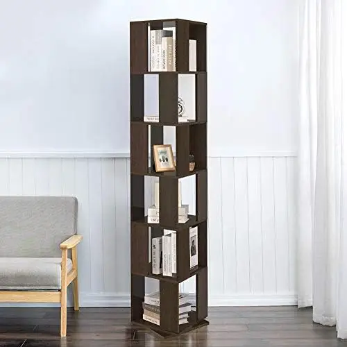 

QIHANG- 6 Tier Wooden Bookcase Corner Tall Book Modern ° Rotating Display Rack Floor Standing Shelves with Open Design Shelvi