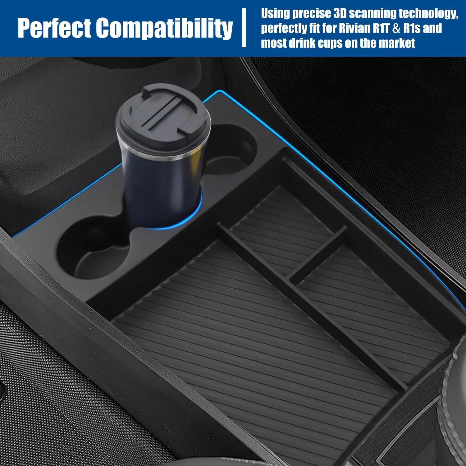 Lower Center Console Organizer Tray with Drink Cup Holder For Rivian R1T/R1S 2024-2022 Console Storage Box Interior Accessories