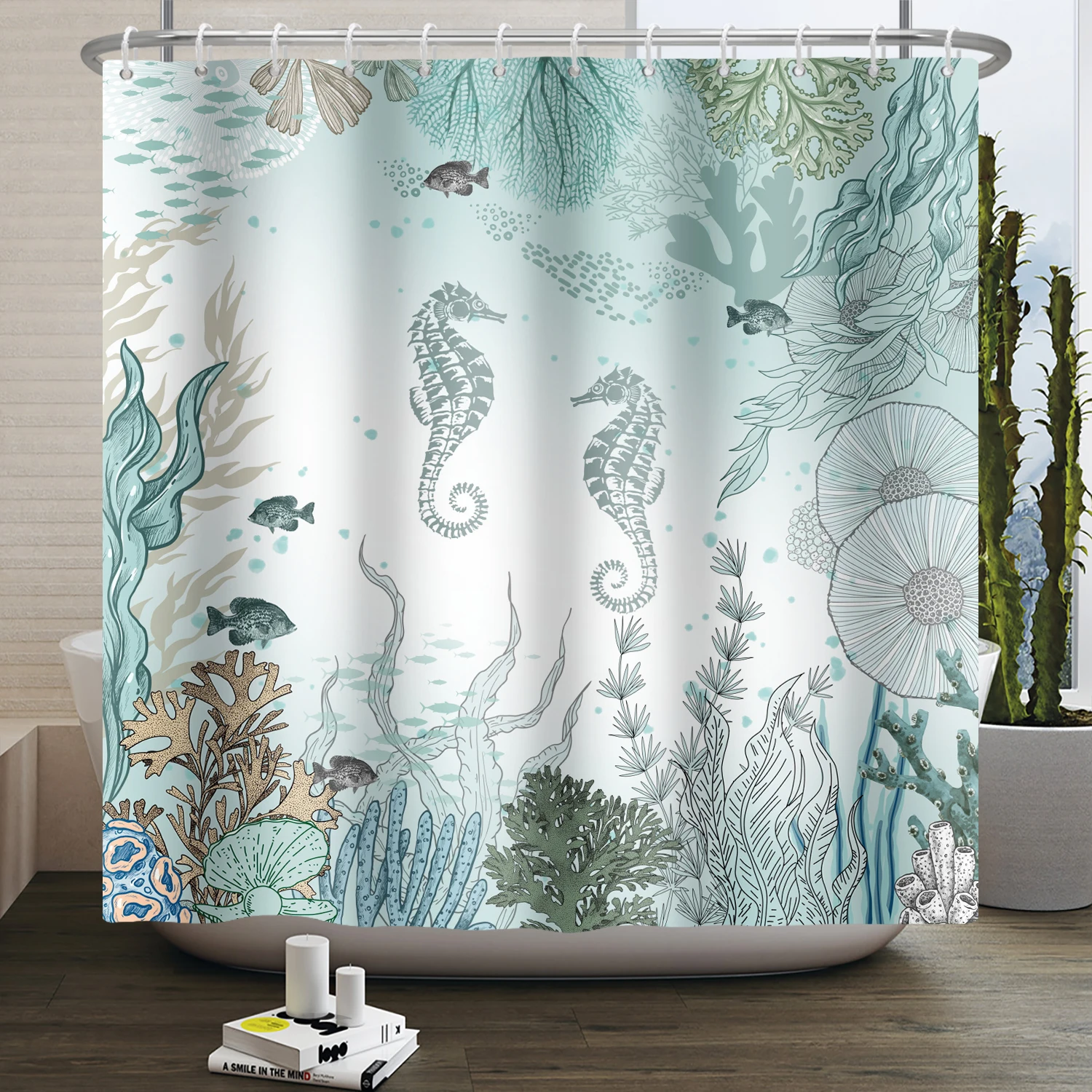 Sea Turtle Shower Curtain Ocean Animals Jellyfish Seahorse Starfish Nautical Underwater Marine Life Waterproof Bathroom Curtain