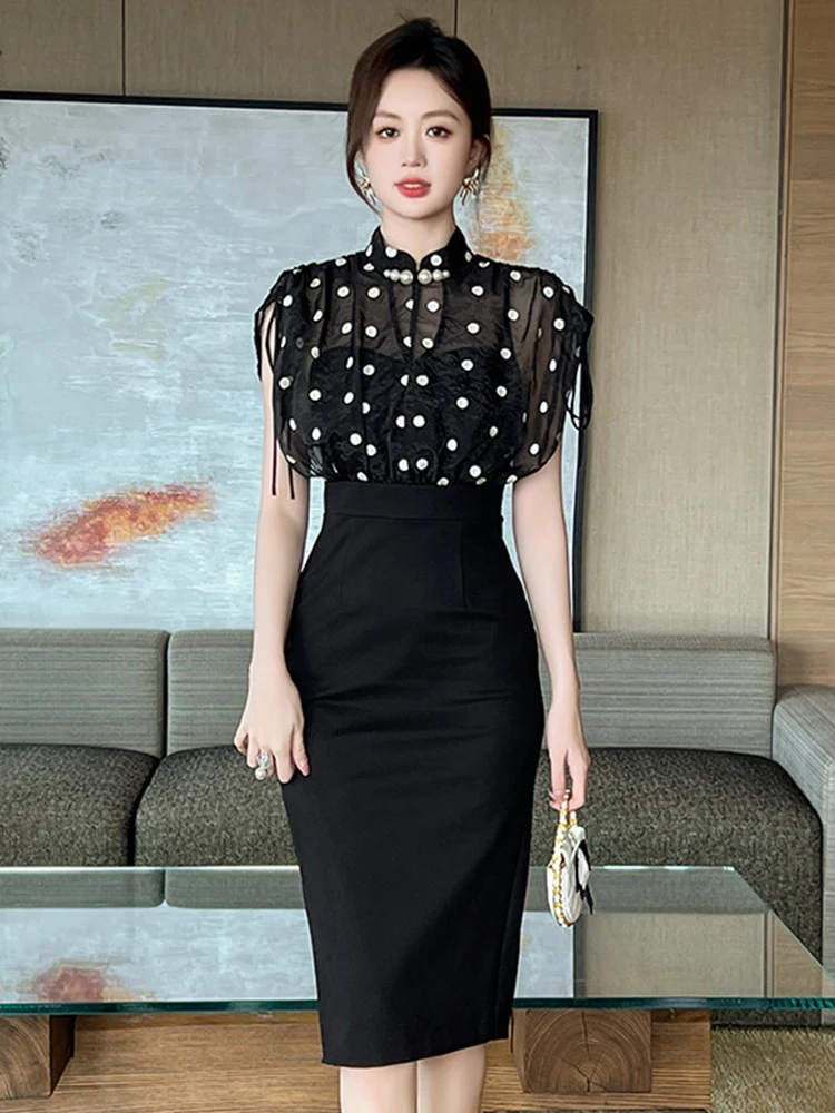 Retro Cheongsam Fake 2 Piece Party Dress Women Elegant Sheer Dot Mesh Splice Pearl Button Drawstring Midi Robe Qipao Vestidos