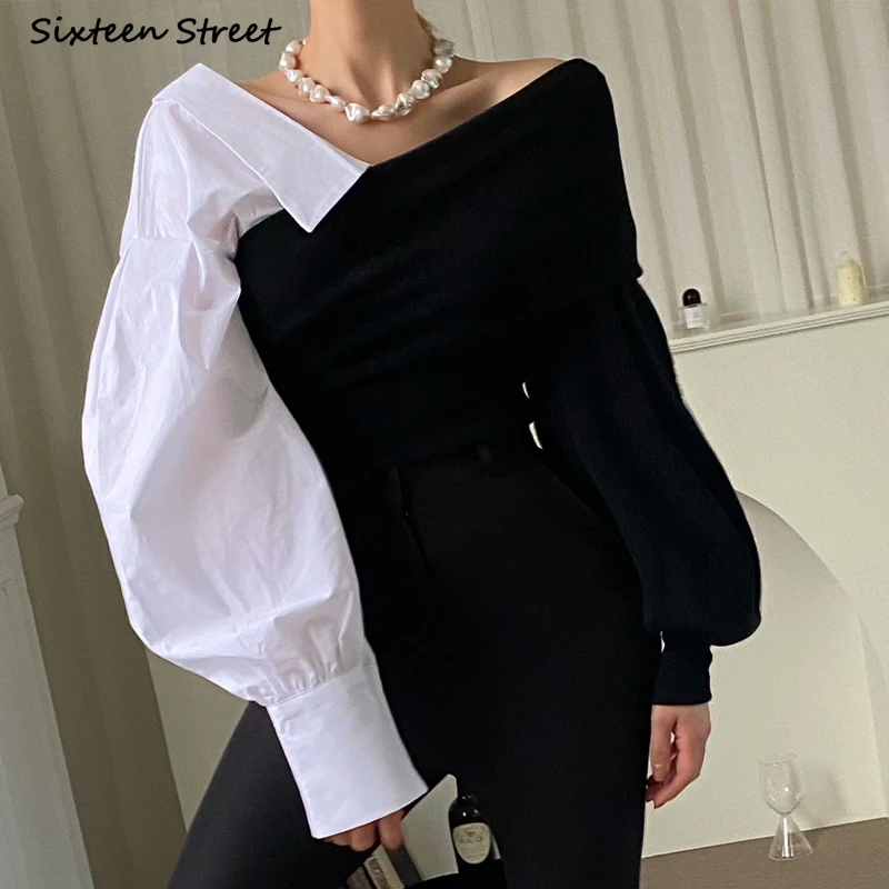 Chic Coffee Knit Tops Women Spring 2023 Long Sleeve Turn-down Neck Shirts Woman Blusas Mujer Business Office Lady Tops Patchwork