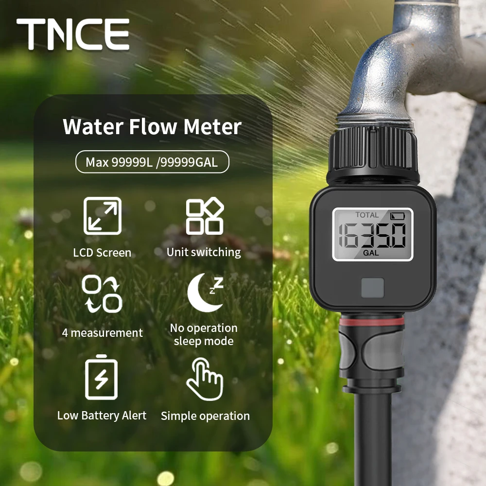 

Расходомер воды TNCE для шланга, разъема 3/4 дюйма, стандартная резьба ЕС, обратное считывание, орошение сада, измерения галлонов и литров