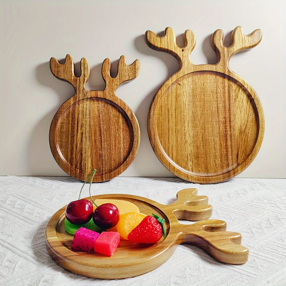 A Christmas Reindeer Horn Arabic Wood Multifunctional Tray, Suitable For Afternoon Tea, Dinner, And Family Gatherings, Polished