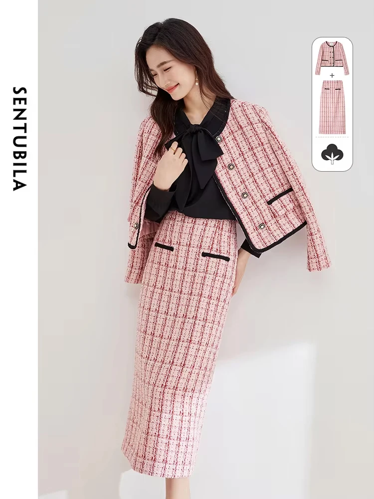 SENTUBILA Elegant Thick Tweed Skirt Two Piece Sets for Women Cardigan Jacket Straight Skirt Office Lady 2 Pieces Set 134Z52325