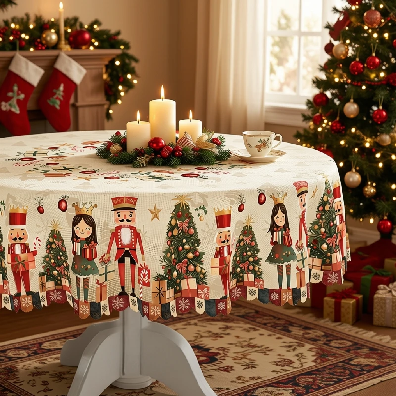 Christmas Tablecloth Santa Snowman Reindeer Christmas Tree Nutcracker Nativity Holiday Dining Table Cover Home Decor Round