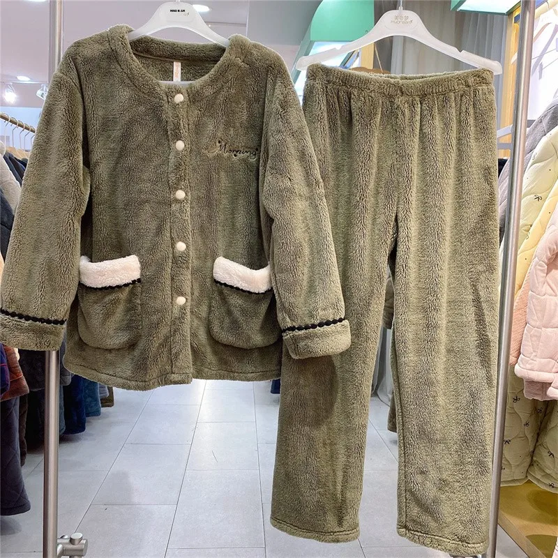 thickened-coral-fleece-sleepwear-round-neck-open-cardigan-casual-home-clothes-set-for-women-warm-home-leisure-style-long-sleeve