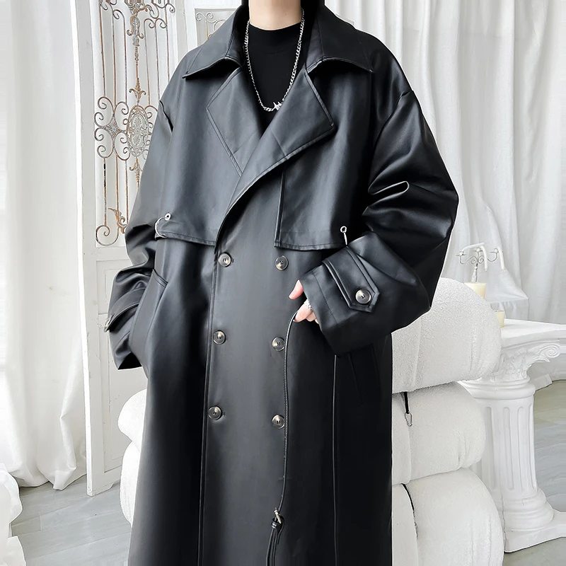Autumn Men Long Black Pu Leather Jacket Men Oversized Cool Trench Coat Men Windbreaker Streetwear Double Breasted Luxury Clothes