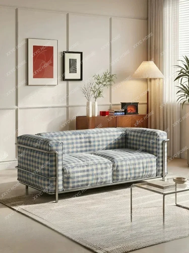 XX Light luxury casual cream style living room small apartment retro plaid straight row fabric sofa