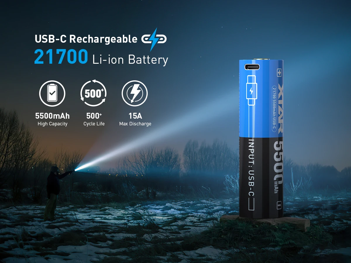 XTAR 21700 5500mAh USB-C Battery for Flashlights Power Banks 12A Discharge  3.2H Fast Charge 500+ Cycles Protected 21700 Size