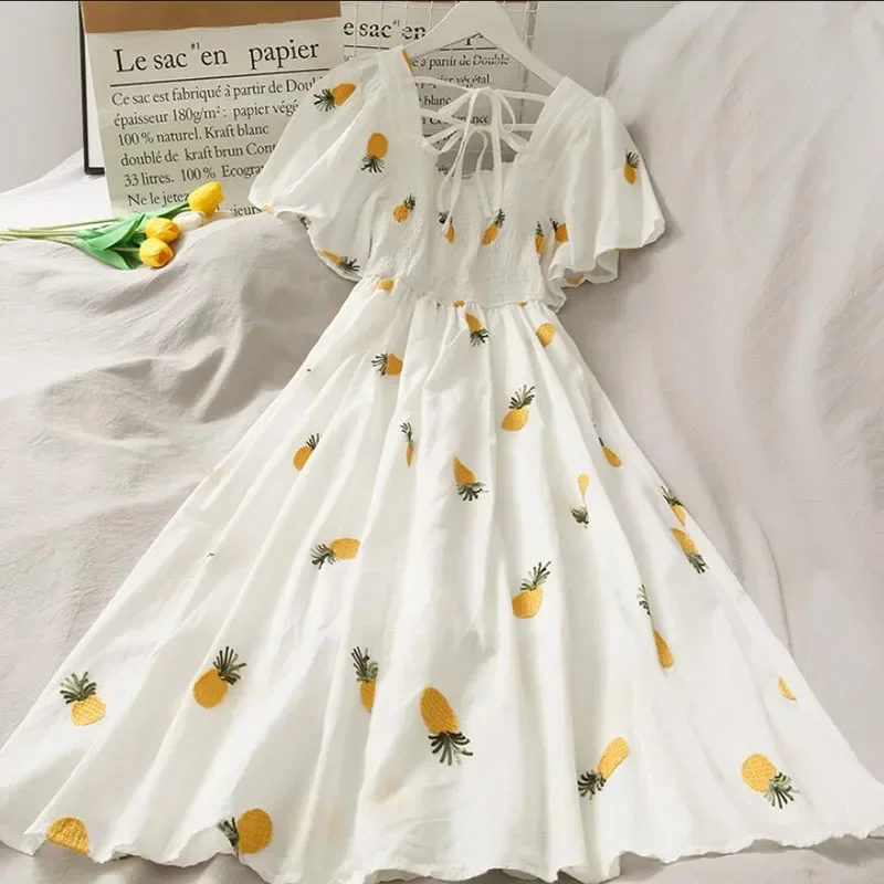 

Women Summer Dress Sweet Square collar Pineapple Print Dresses 2024 Ruffles A-line High Waist Dress Elegant Vestidos New Clothes