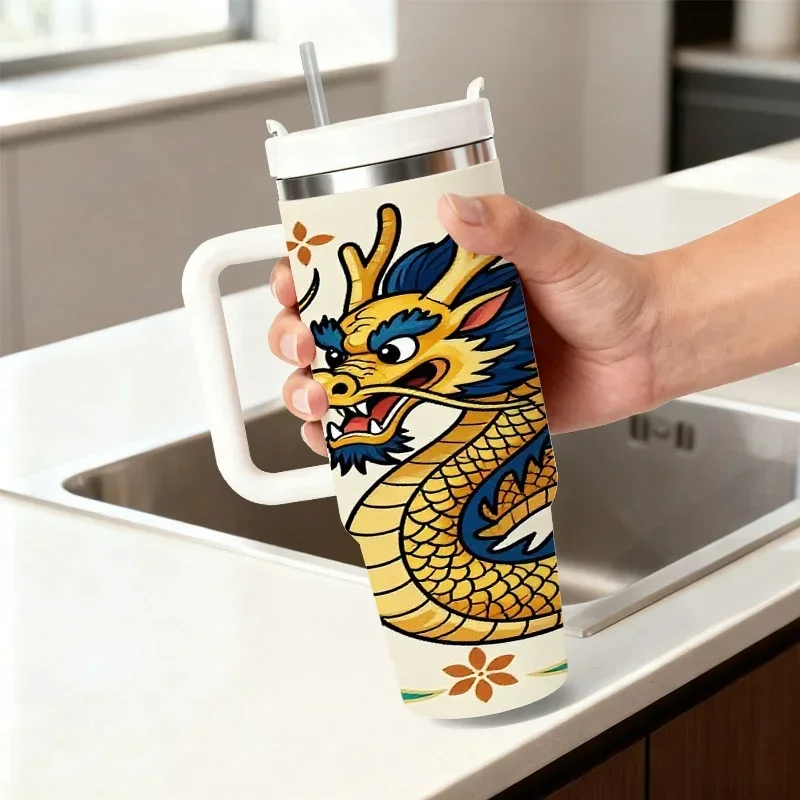 Vibrant Cartoon Chinese Dragon Digital Print 40oz Stainless Steel Insulated Tumbler, with Traditional Chinese Cloud & Floral Motifs, Reusable Drink Container for Daily Commute, Office, Picnic & Outdoor Activities