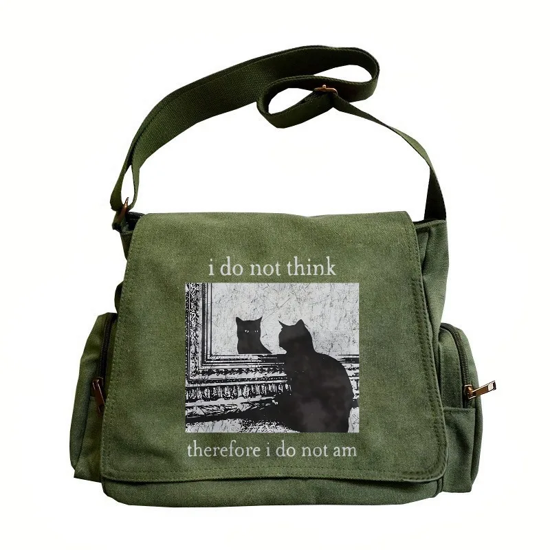 

Vintage Canvas Bag Unisex Shoulder Bag Large Capacity Army Green Cat Print Tote Crossbody Bag Commuting Bag For Women Shopping