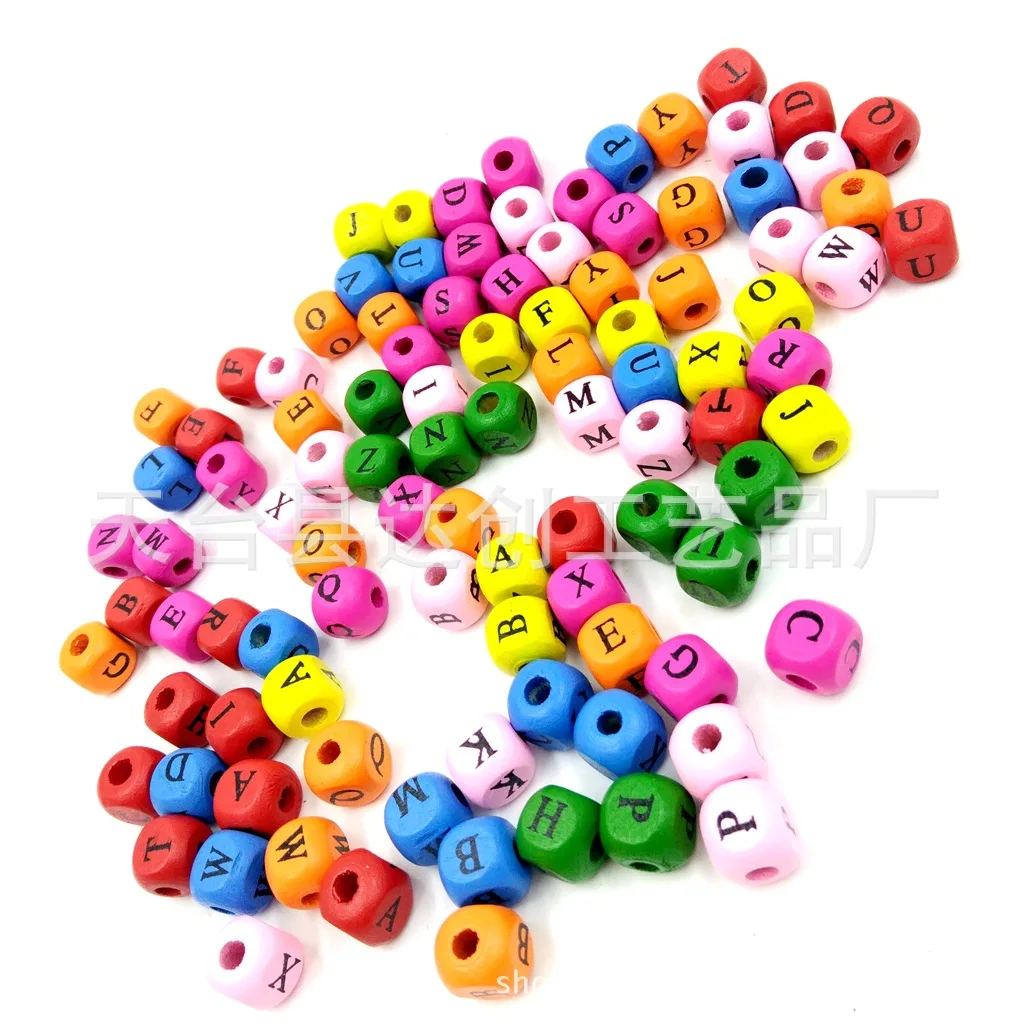 

DIY children's handmade beaded 10mm colored English letter beads 100 pcs, a pack of wooden dice square beads with holes