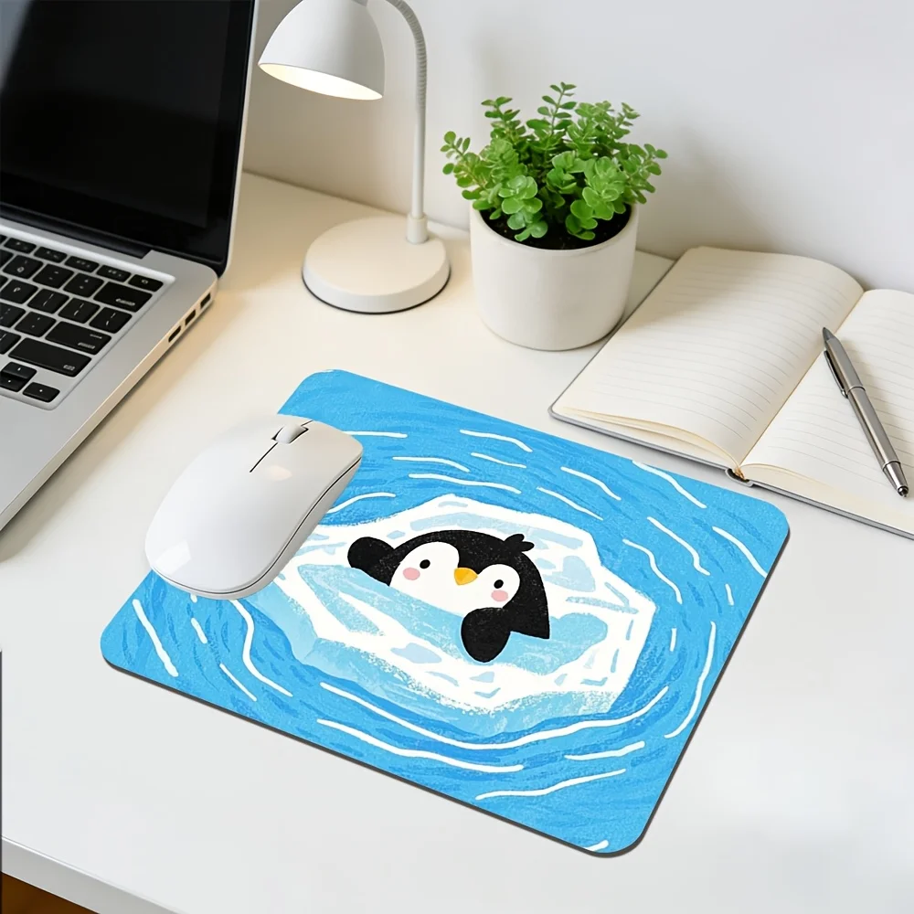 Cute Penguin on Iceberg Mouse Pad Blue Ocean Style Gaming Desk Mat