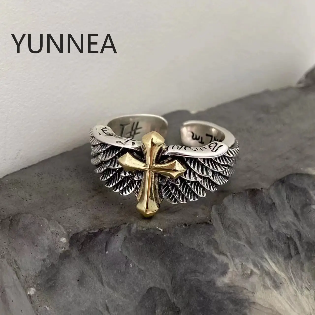 

Vintage Thai Silver Cross Wings Men's Ring Graffiti Letter Creative Hip Hop Personality Men's and Women's Open Ring