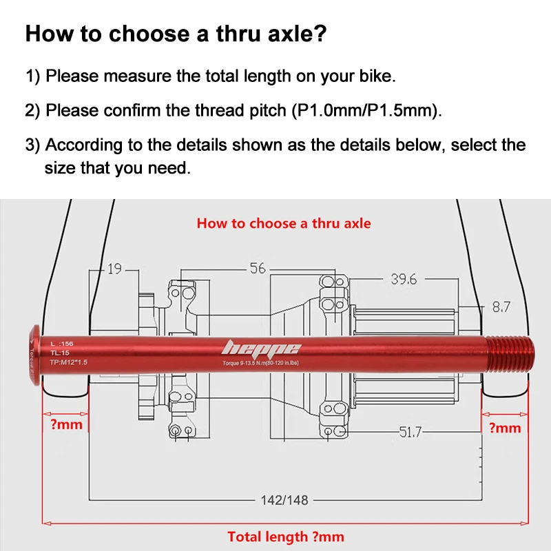 HEPPE Bike M12 M15 Thru Axle MTB Road Bike Front Rear Wheel Hub Shaft Skewer 12x100/110 15x100/110 12x142/148 Thru Axle