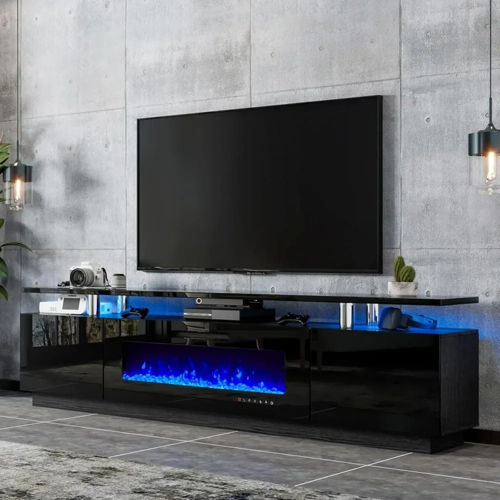 

80" Fireplace TV Cabinet, Modern High Gloss Finish Media Console with 40" Electric Fireplace, Open Storage Entertainment Center