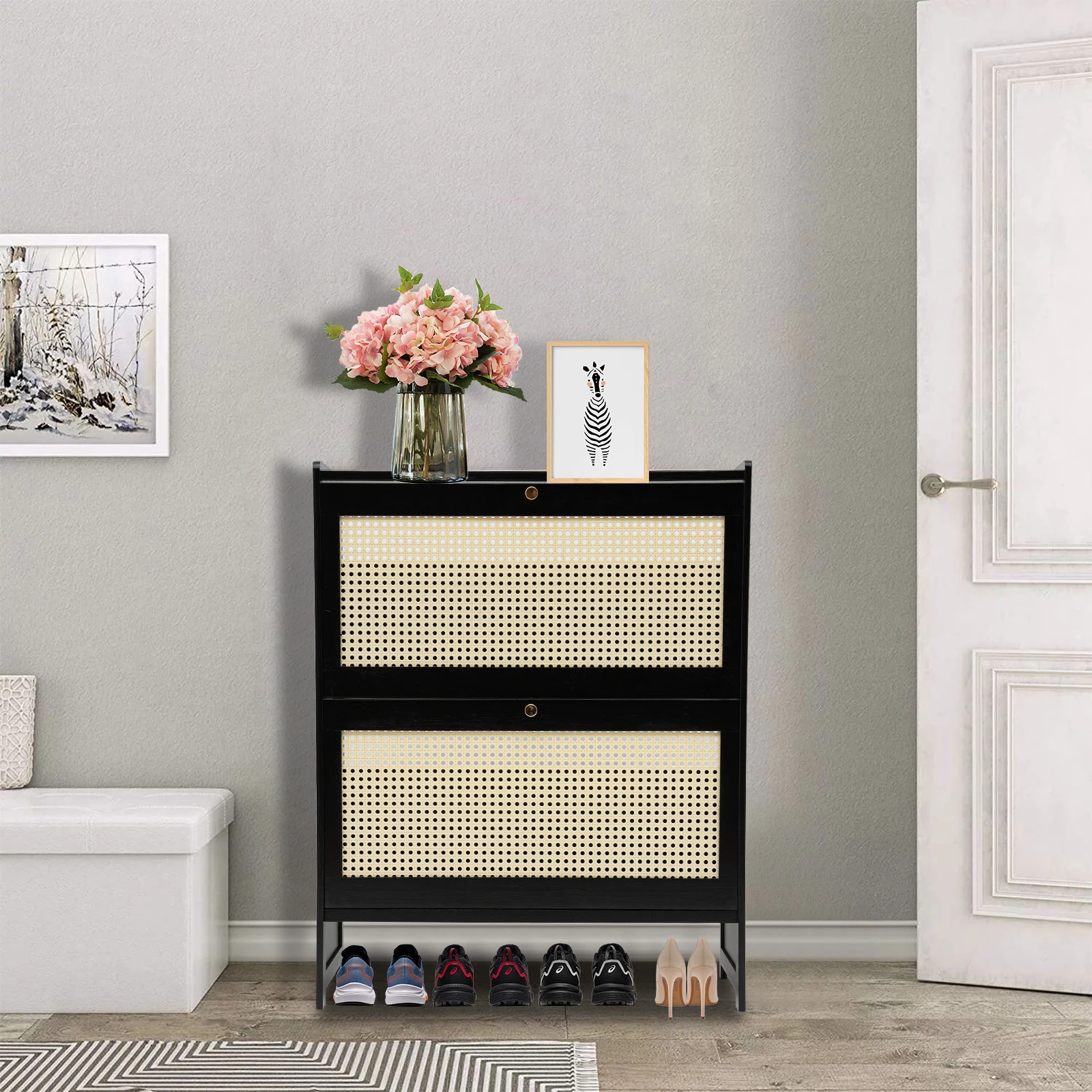 Modern Black 2-Door Rattan Shoe Storage Cabinet W/ 3 Adjustable Shelves,Free Standing Entryway Shoe Rack for Living Room&Bedroom