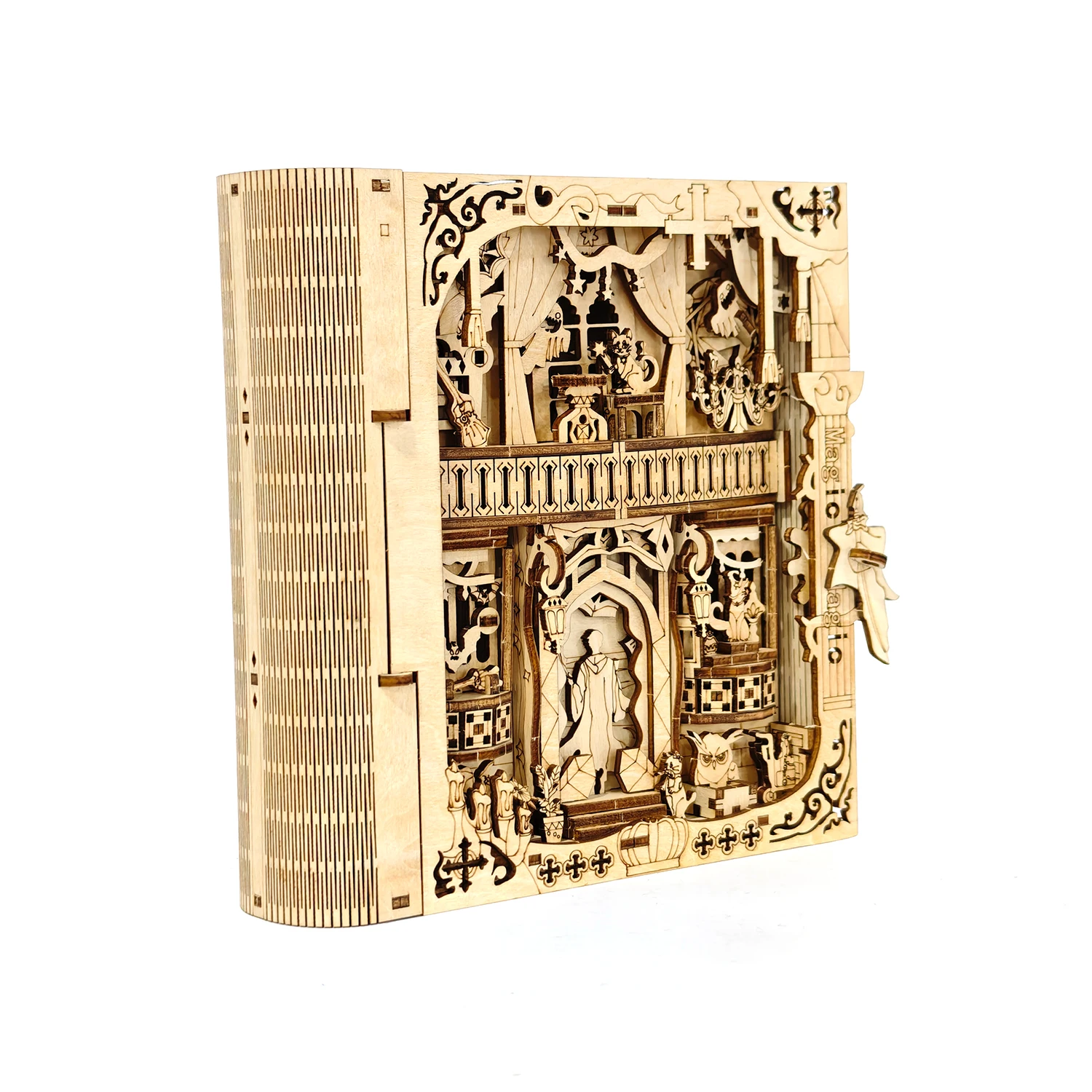 3Dヴィンテージマジック木製パズルブックモデルキット - 木製ホームデコレーション - 楽しいデスクトップ本棚デコレーション - ビルディングパーティーゲーム - 英語
