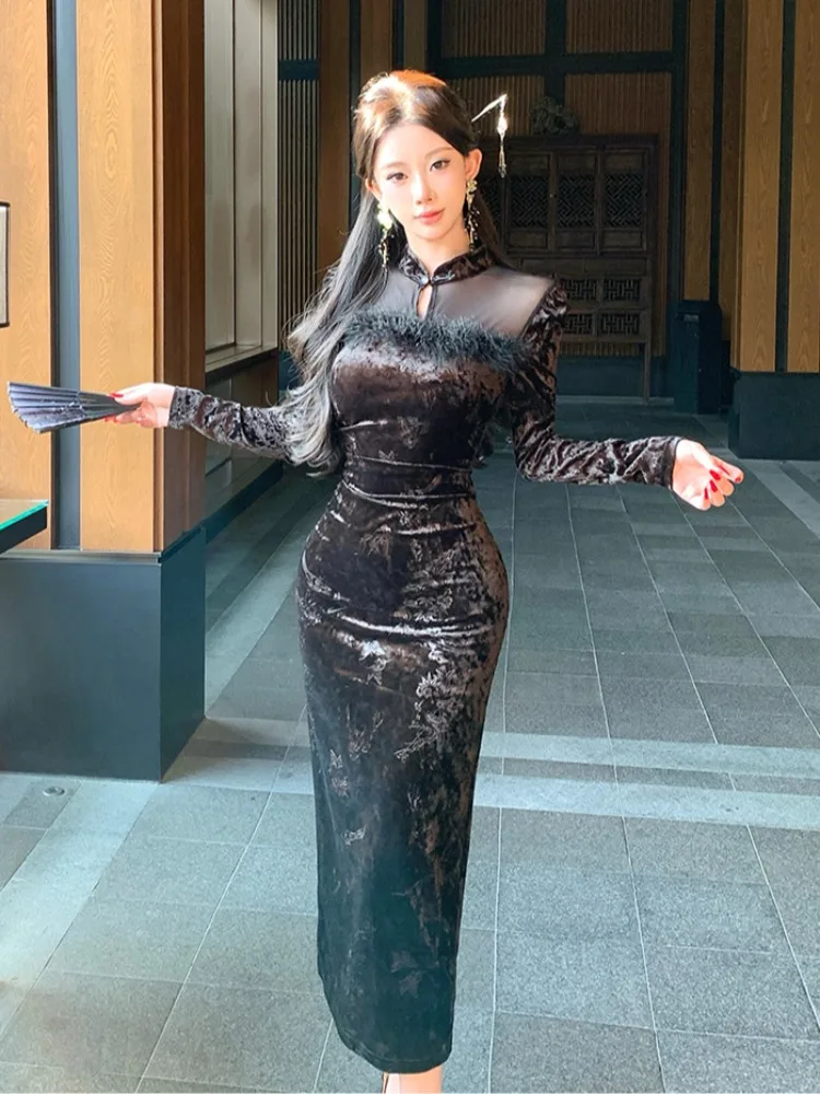 

Ele Высокая талия для похудения с цветочным принтом Embellied Qipao Dr Осень Зима Новый китайский Sle Fusion Faion Сексуальная длинная све Zi...