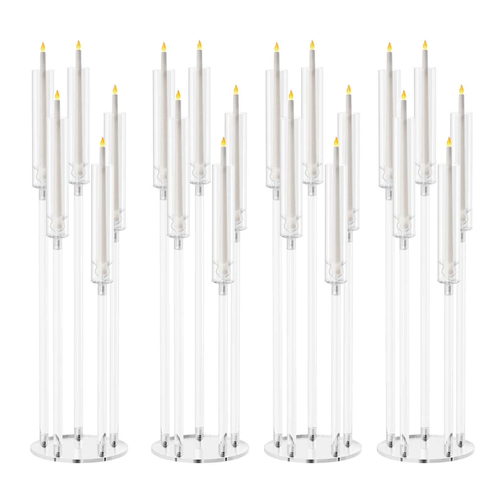 4 peças centrais do candelabro dos pces, candelabro alto, suporte claro do castiçal do atarraxamento da vela, suporte dos castiçais de 5 braços para a vela do diodo emissor de luz
